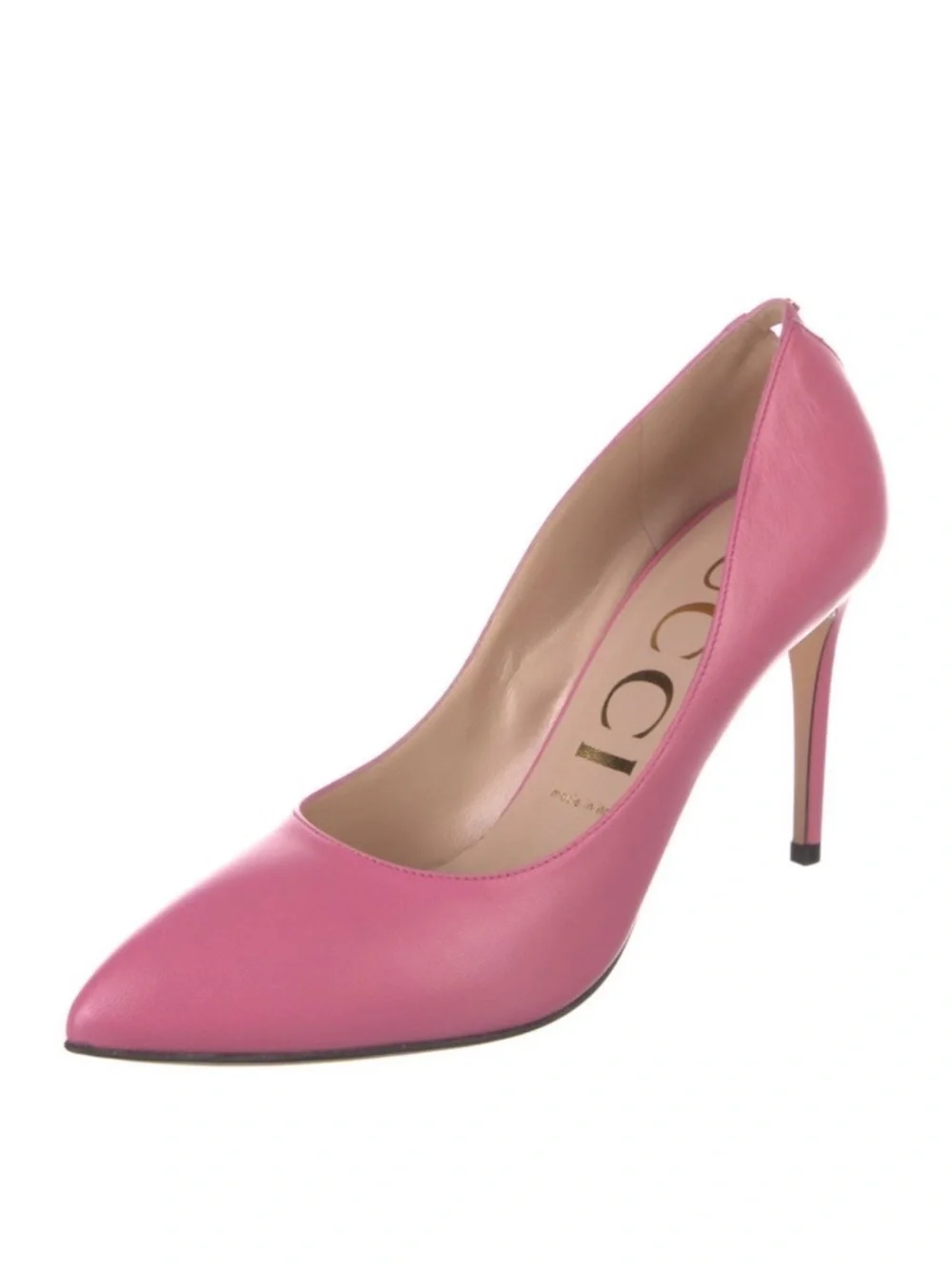 Gucci Pink Malaga Kid GG Split Back Pumps Leather Pointed Toe Heels 39 New